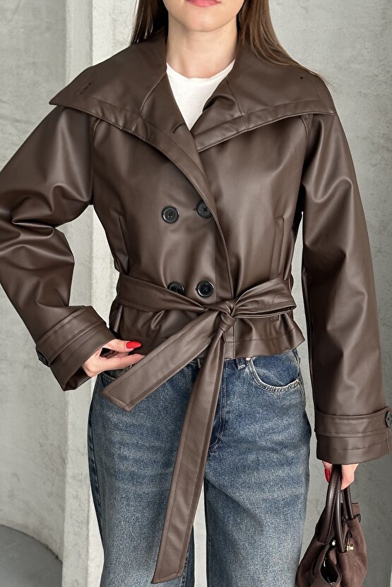 Kadın Deri Trençkot Ceket - Kuşaklı, Düğmeli Crop Biker Suni Deri Mont