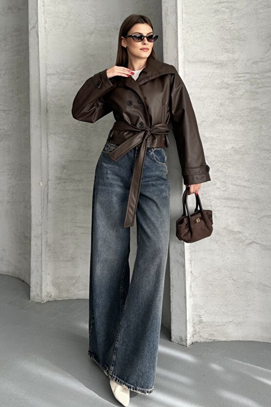 Kadın Deri Trençkot Ceket - Kuşaklı, Düğmeli Crop Biker Suni Deri Mont