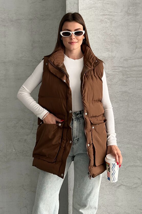 Kadın Şişme Yelek - Cepli Fermuarlı Günlük Şişme Yelek