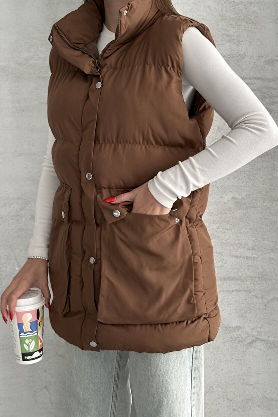 Kadın Şişme Yelek - Cepli Fermuarlı Günlük Şişme Yelek