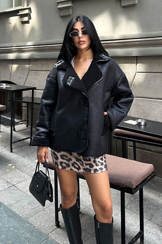 Kadın İçi Kürklü Oversize Süet Deri Mont - Peluş Astarlı Else Kışlık Ceket