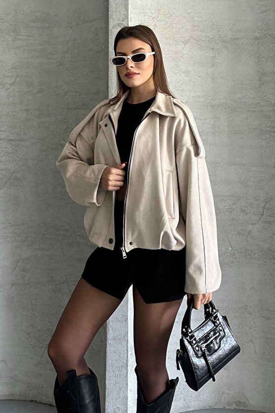 Kadın Oversize Süet Bomber Ceket - Yeni Sezon Deri Trend Ceket