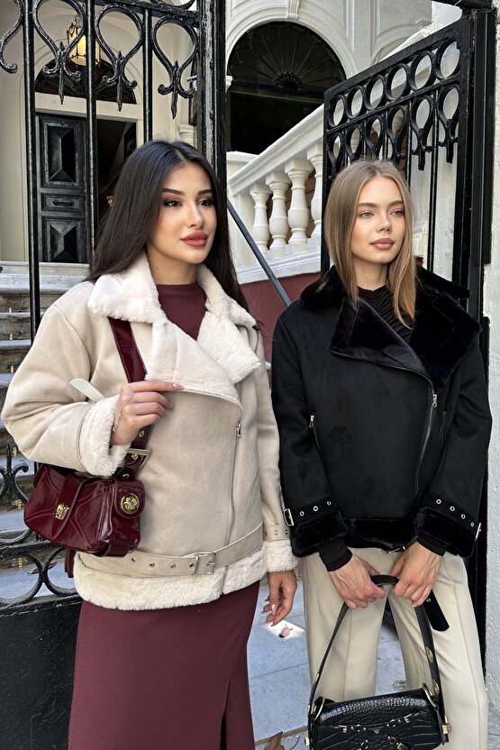 Kadın Içi Rapitli Kemer Detaylı Zr Deri Süet Mont