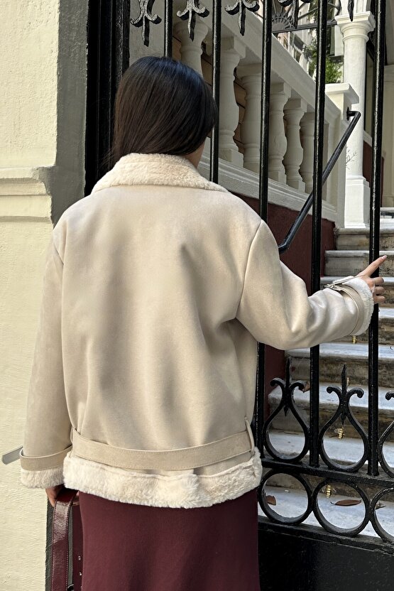 Kadın Içi Rapitli Kemer Detaylı Zr Deri Süet Mont