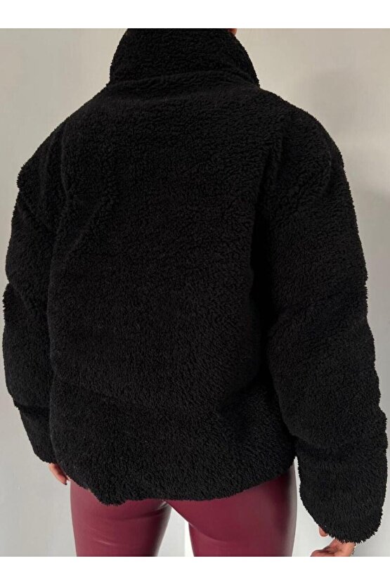 Peluş kabartma teddy şişme mont - Siyah