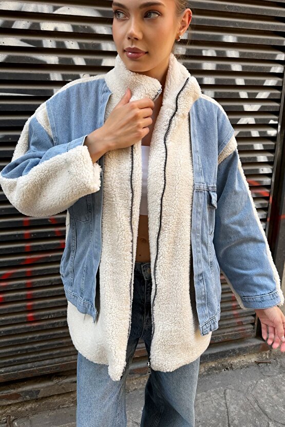 Kadın Bej Dik Yakalı Jean Detaylı Peluş Mont - Oversize Kalıp