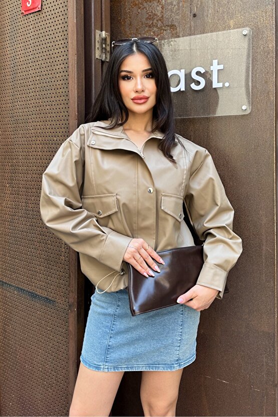 Kadın Oversize Biker Deri Ceket - Çift Büyük Cepli Bomber Kalıp