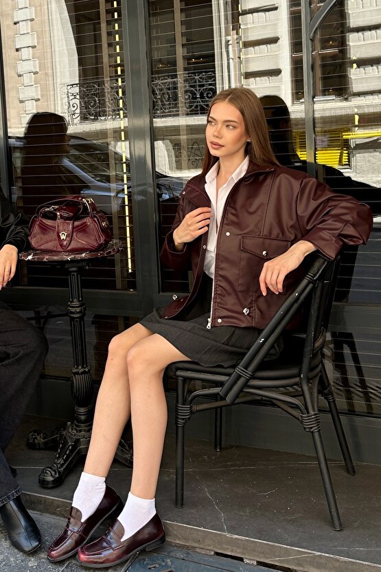 Kadın Oversize Biker Deri Ceket - Çift Büyük Cepli Bomber Kalıp