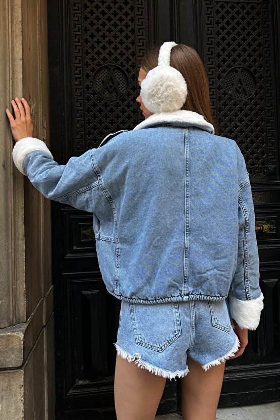 Kadın Oversize Suni Kürk Yakalı Jean Ceket - Peluş Detaylı Bomber