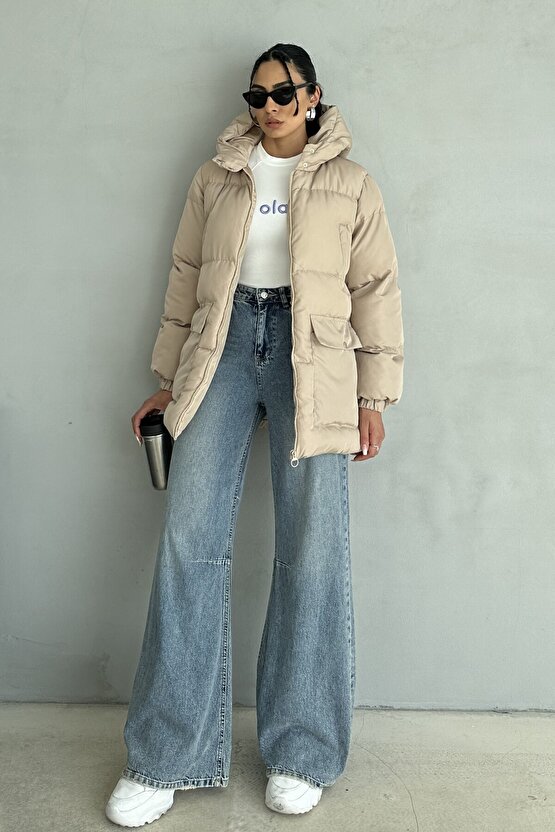 Kapüşonlu Oversize Kadın Şişme Mont - 4 Cep Detaylı, Bej