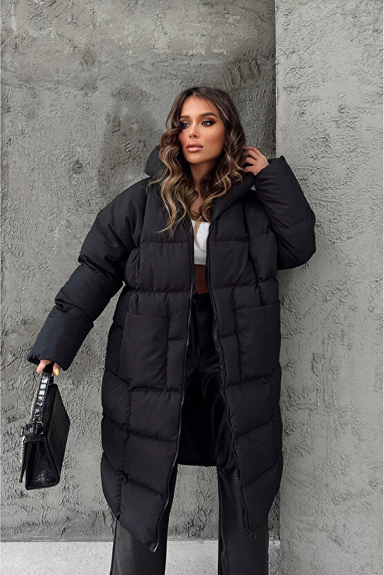 Kapüşonlu Uzun Oversize Şişme Kadın Mont - Siyah