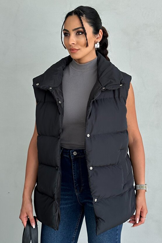 Kadın Filotalı Cep Çıtçıtlı Yakalı Uzun Şişme Yelek