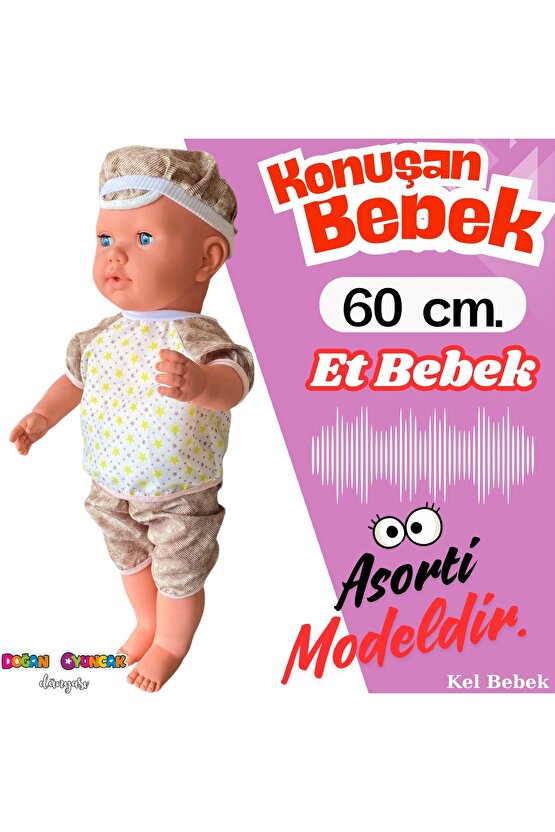 Oynar Gözlü Türkçe Konuşan Berke Kel Et Bebek 60 Cm. - Konuşabilen Bebek - Kel Büyük Bebek