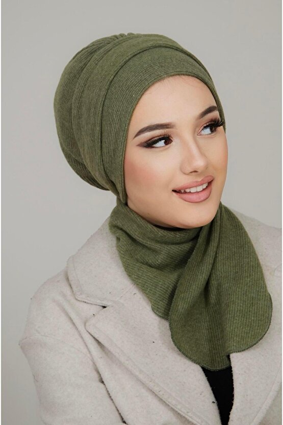 Haki Triko Atkılı Tesettür Bone