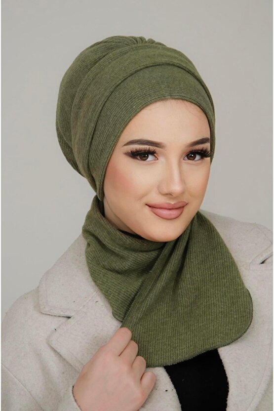 Haki Triko Atkılı Tesettür Bone