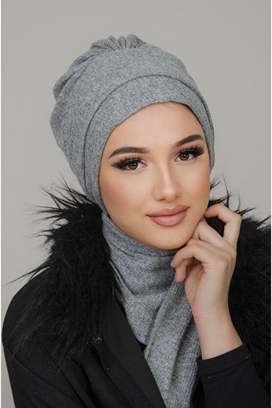 Gri Hazır Atkılı Tesettür Bone