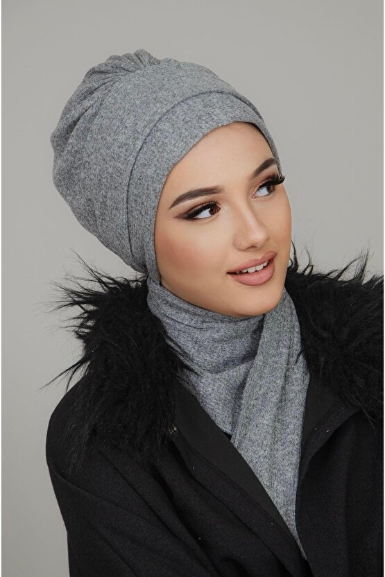 Gri Hazır Atkılı Tesettür Bone