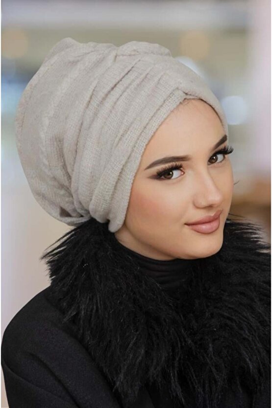 Taş Rengi Kışlık Büzgülü Bone