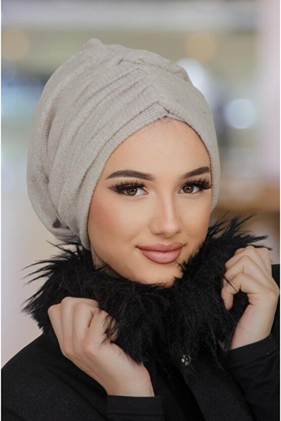 Taş Rengi Kışlık Büzgülü Bone