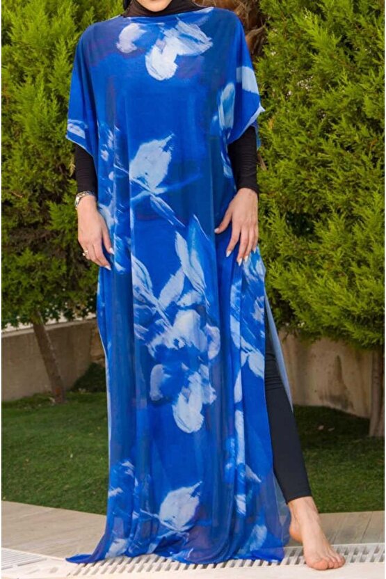 Saks Mavi Desenli Tesettür Pareo