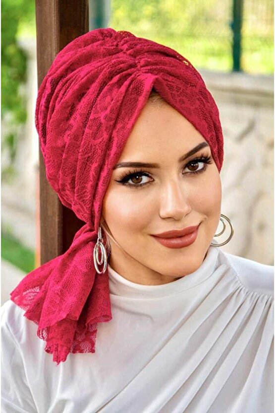 Bordo Çiçek Dantel Tokalı Bone