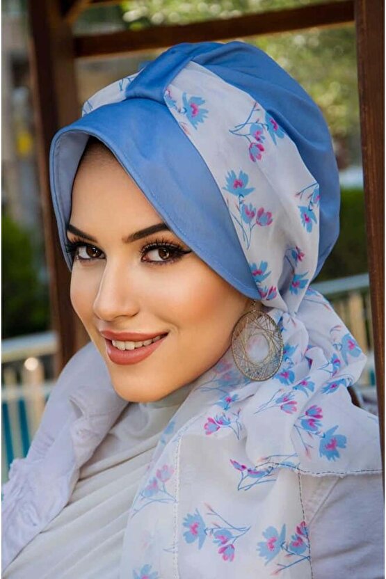 İndigo Çiçek Desen Fularlı Şapka Bone