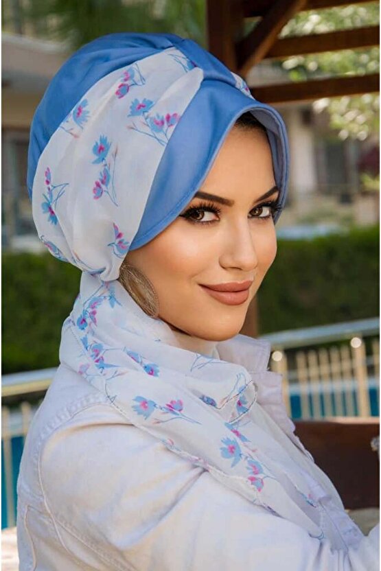 İndigo Çiçek Desen Fularlı Şapka Bone