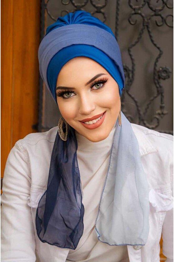 Koyu Mavi Batik Fularlı Desen Fularlı Bone