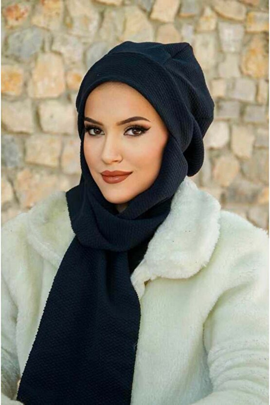 Lacivert Kendinden Desenli Tesettür Bere