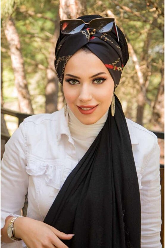 Siyah Zincir Desen Burgu Hazır Şal