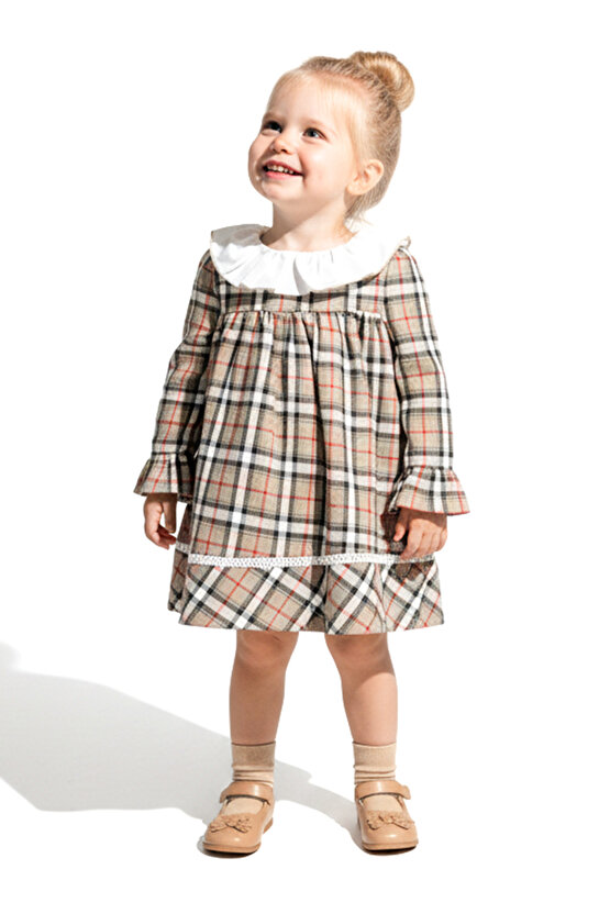 Kız Bebek Elbise Kız Çocuk Elbise Yakalı Doğum Günü Parti Düğün Özel Gün Uzun Kol Astarlı Ekose