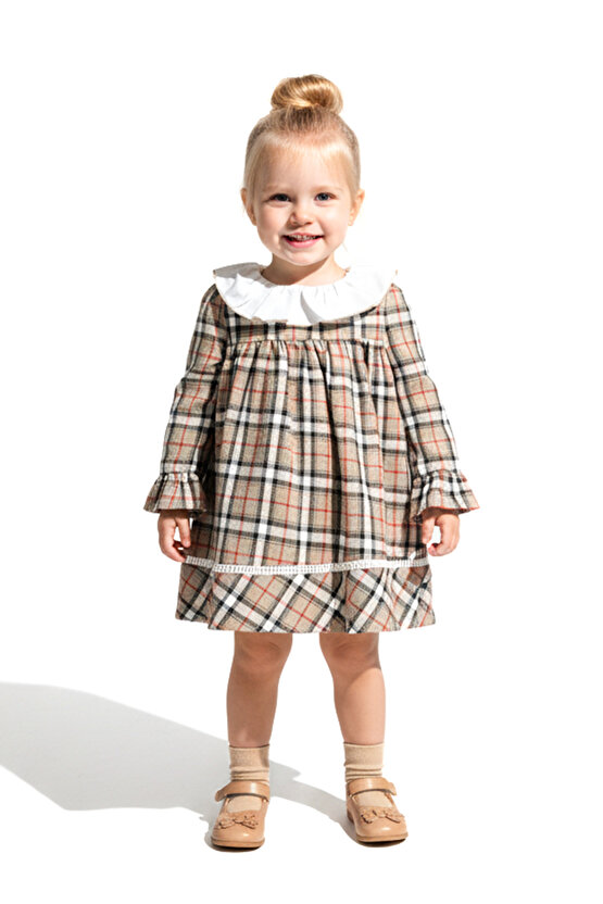 Kız Bebek Elbise Kız Çocuk Elbise Yakalı Doğum Günü Parti Düğün Özel Gün Uzun Kol Astarlı Ekose