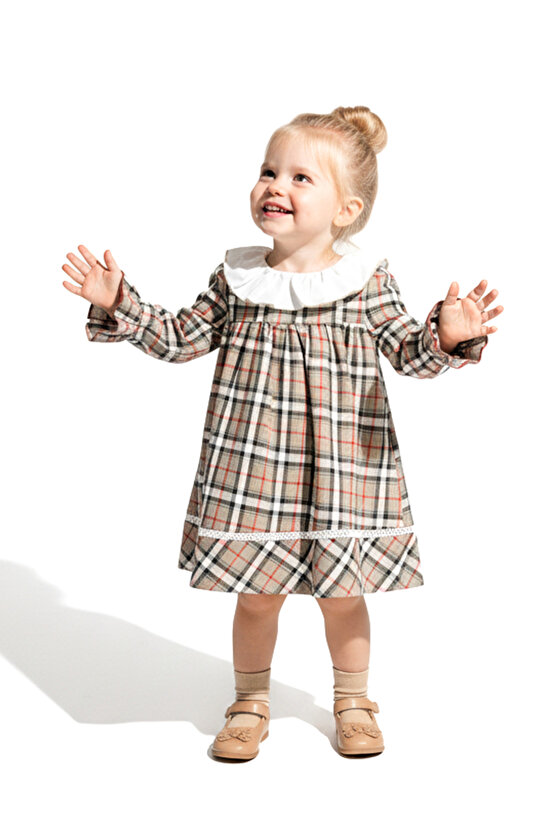 Kız Bebek Elbise Kız Çocuk Elbise Yakalı Doğum Günü Parti Düğün Özel Gün Uzun Kol Astarlı Ekose