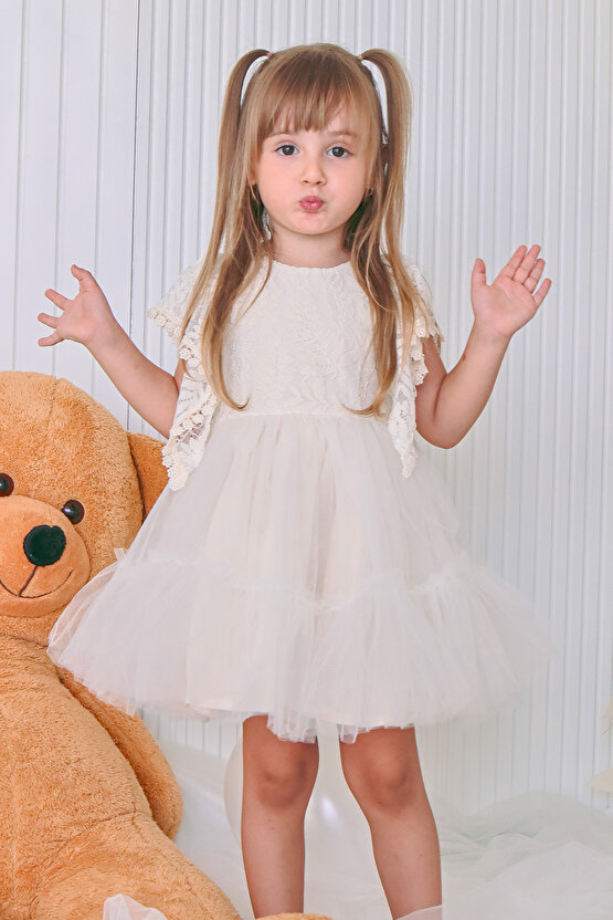 Kız Bebek Elbise Kız Çocuk Elbise Doğum Günü Parti Düğün Elbise Dantelli Kısa Kol Astarlı Elbise