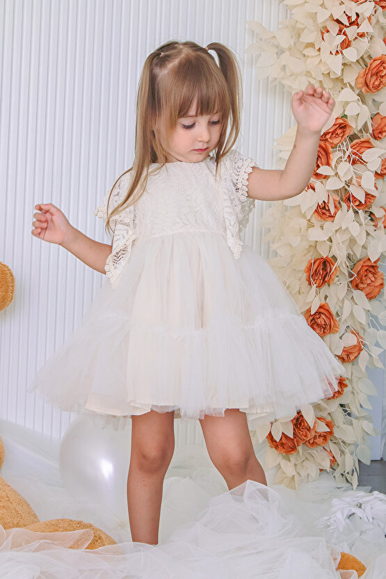 Kız Bebek Elbise Kız Çocuk Elbise Doğum Günü Parti Düğün Elbise Dantelli Kısa Kol Astarlı Elbise