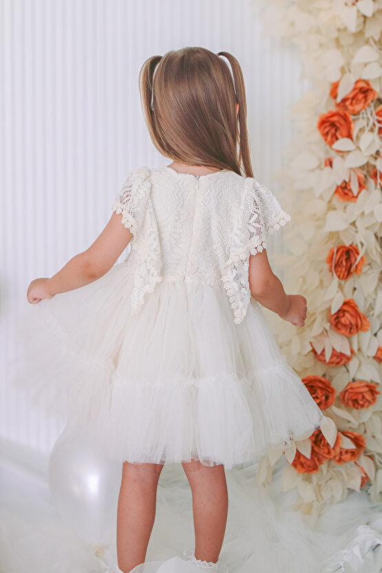 Kız Bebek Elbise Kız Çocuk Elbise Doğum Günü Parti Düğün Elbise Dantelli Kısa Kol Astarlı Elbise