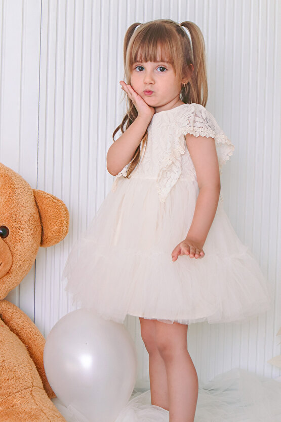 Kız Bebek Elbise Kız Çocuk Elbise Doğum Günü Parti Düğün Elbise Dantelli Kısa Kol Astarlı Elbise