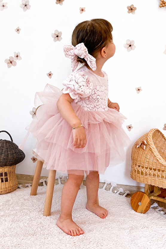 Kız Bebek Elbise Kız Çocuk Elbise Doğum Günü Parti Düğün Elbise Dantelli Kısa Kol Astarlı Elbise