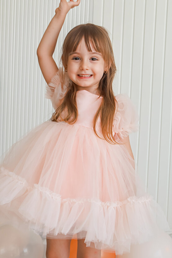 Kız Bebek Elbise Kız Çocuk Elbise Doğum Günü Parti Düğün Elbise Dantelli Kısa Kol Astarlı Elbise