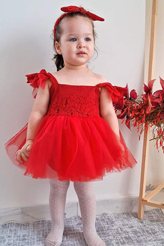 Kız Bebek Kız Çocuk Doğum Günü Parti Düğün Elbise Kısa Kol Kurdela Bandanalı Dantelli Astarlı Romper