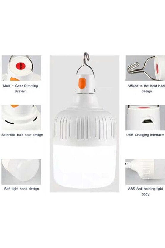 USB Şarjlı, 30 Watt, 3 Işık Modlu Beyaz Işık, Taşınabilir Kamp, Piknik, Bekçi, Balıkçı, Çadır Ampulü