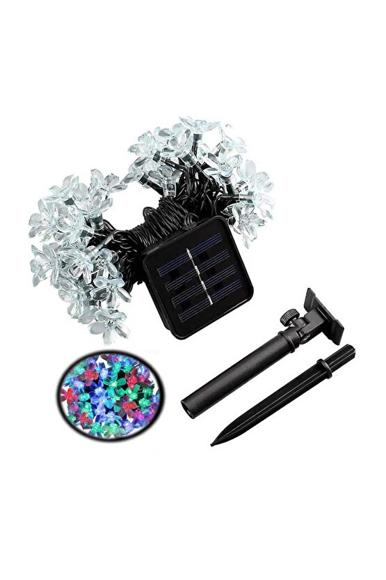 Güneş Enerjili, 20 Watt, RGB, 5 Metre 7 Modlu Işık Zinciri, Güneş Enerjili 5 Metre Çiçek Bahçesi