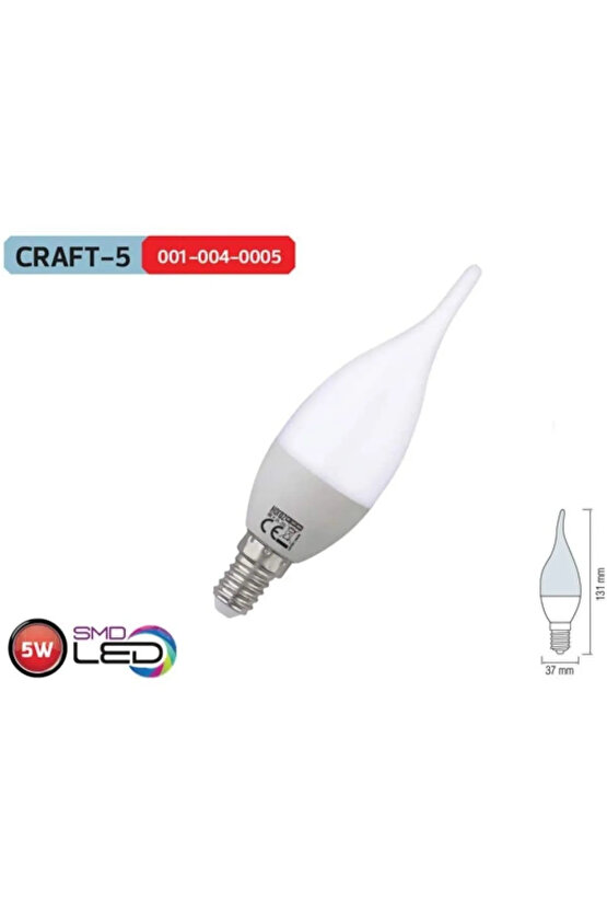 5 Adet Çok Kaliteli E14 Duy 5 Watt, 6400 Kelvin Beyaz Işık Led Ampul, Avize, Şamdan Ampulü Mum Ampul