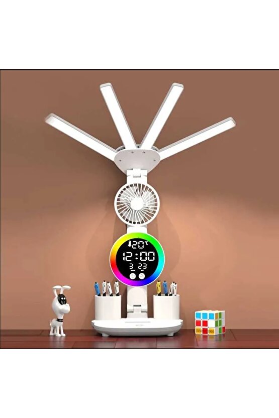 ÇOK FONKSİYOKLU MASA LAMBASI RGB LED IŞIKLI SAAT TAKVİM DERECE VANTİLATÖR KALEMLİK