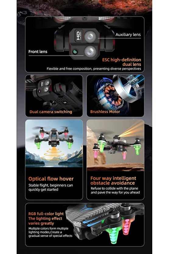 ÇİFT KAMERALI ENGEL KAÇINMA SENSÖRLÜ DRONE UZAKTAN KUMANDALI APP DESTEKLİ LED IŞIKLI QUADCOPTER