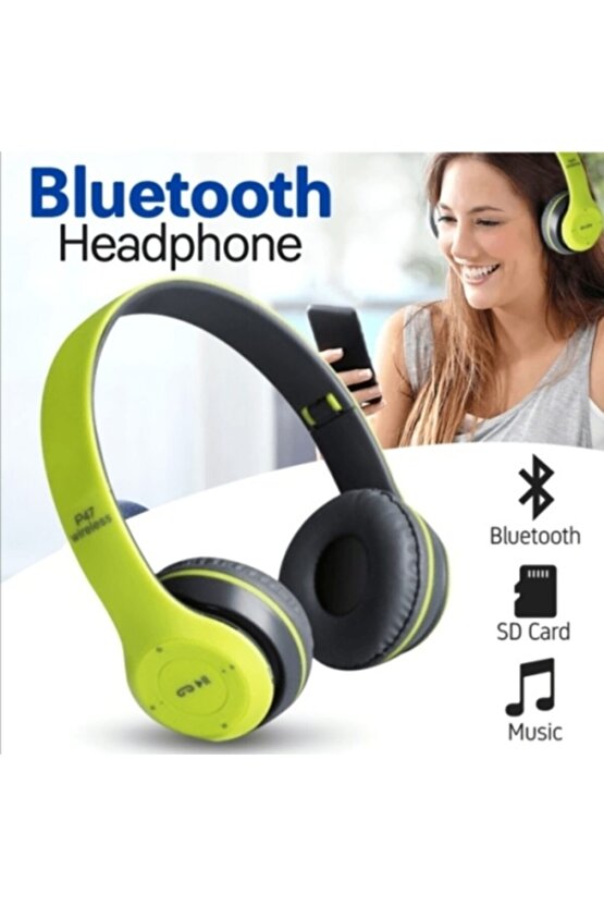 P47 Kablosuz Bluetooth Kulaklık Yükses Ses Ve Bass Fm Radyo Yeşil