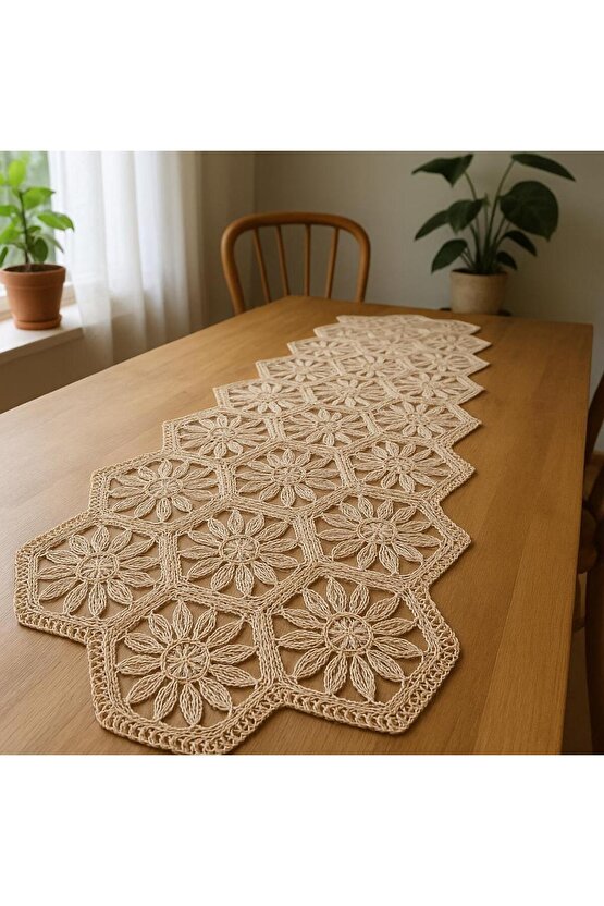 Fransız Dantel Yıldız Model 5 li, Masa Üzerine Runner İşlemeli Dantel (115X35CM