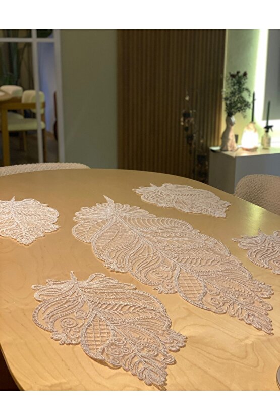 Fransız Dantel Yaprak Model 5 li, Masa Üzerine Runner İşlemeli Dantel (115X35CM)