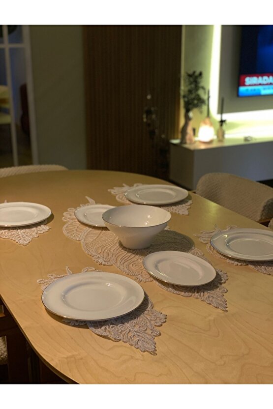 Fransız Dantel Yaprak Model 5 li, Masa Üzerine Runner İşlemeli Dantel (115X35CM)