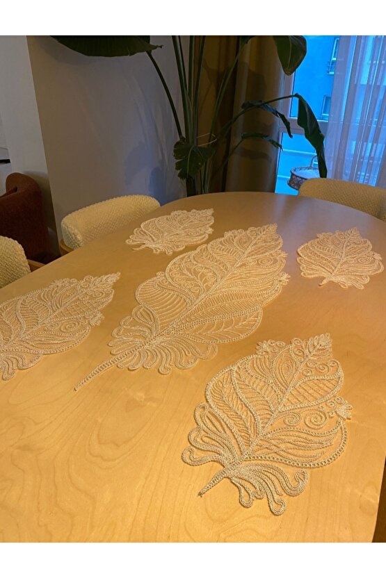 Fransız Dantel Yaprak Model 5 li, Masa Üzerine Runner İşlemeli Dantel (115X35CM)